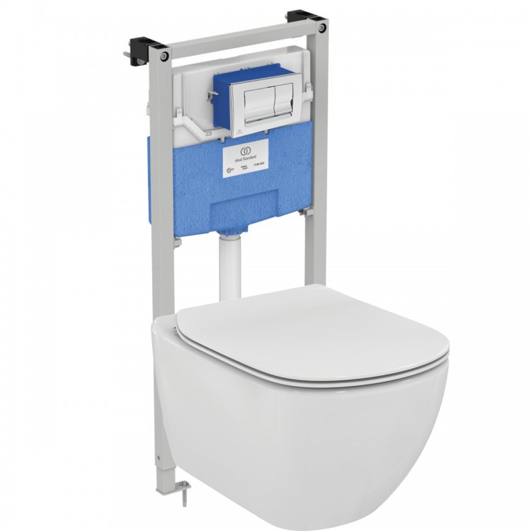 Промо-комплект 4 в 1 Ideal Standard с подвесным унитазом T007901 TESI AquaBlade® с сиденьем и крышкой T352701 TESI, встраиваемой инсталляцией R020467 PROSYS FRAME 120 M и механической панелью смыва R0108AA SOLEA M1