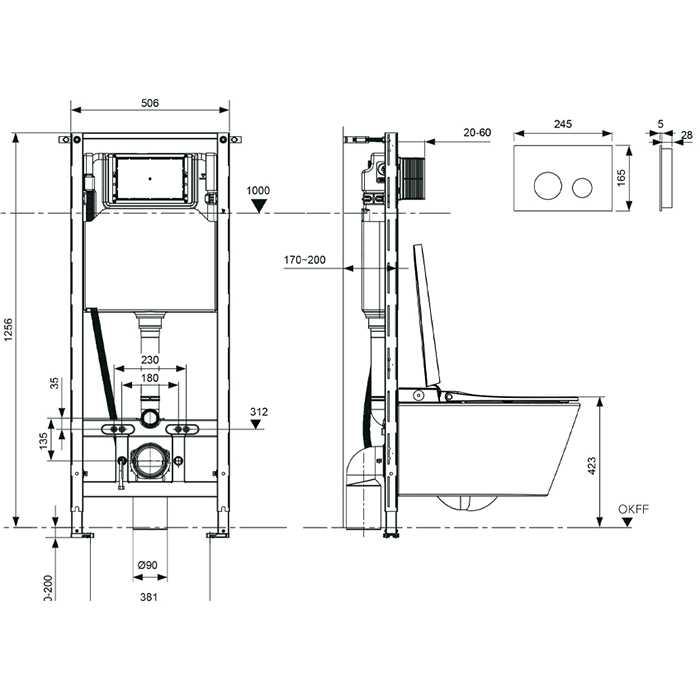 Комплект унитаза-биде с инсталляцией TECE Spring L S955797 с сиденьем микролифт с клавишей смыва белый матовый