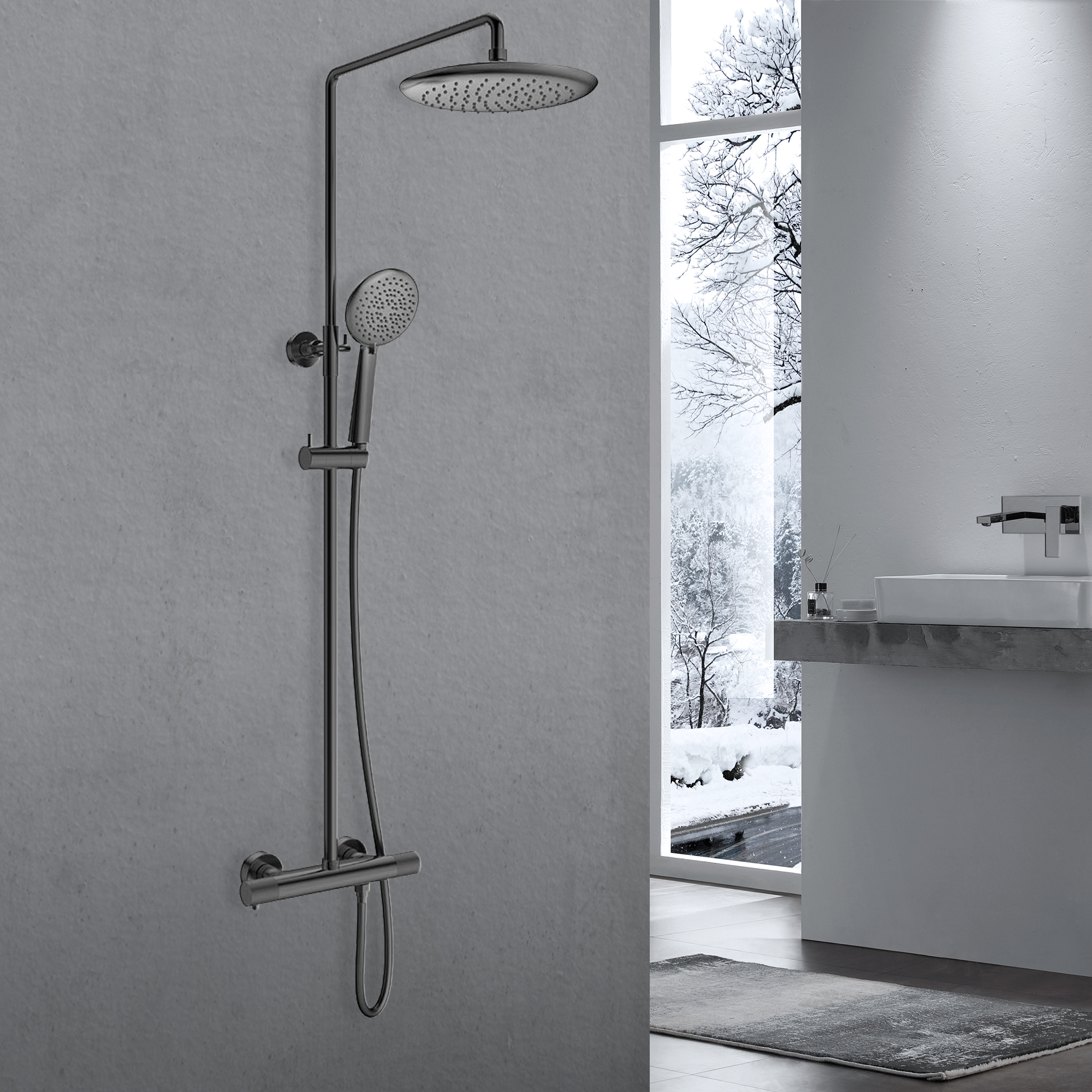 Душевая стойка с термостатом Vincea Desire VSFS-1D0TGM вороненая сталь