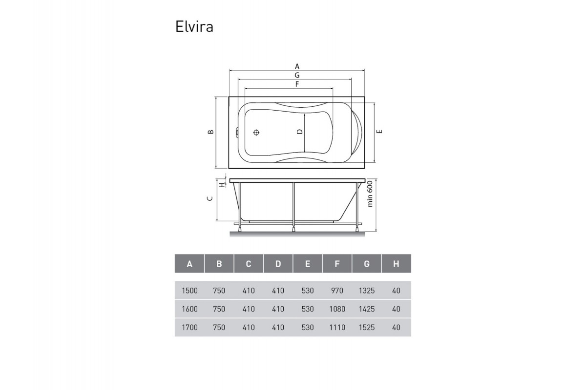 Ванна акриловая Relisan ELVIRA Гл000000980, 170x75