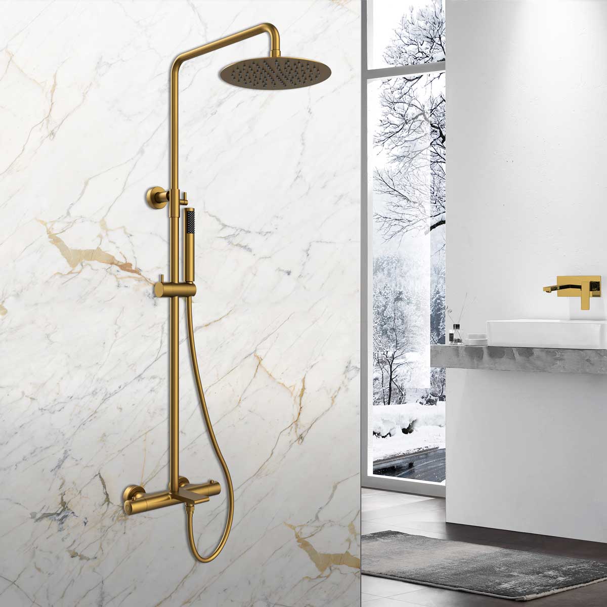 Душевая стойка с термостатом Vincea Vogue VSFS-1V1TBG золото матовое