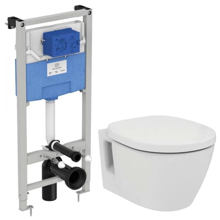 Промо-комплект 4 в 1 Ideal Standard с безободковым подвесным унитазом E822301 CONNECT Rimless  с сиденьем и крышкой E772401 CONNECT, встраиваемой инсталляцией R020467 PROSYS FRAME 120 M и механической панелью смыва R0108AA SOLEA M1