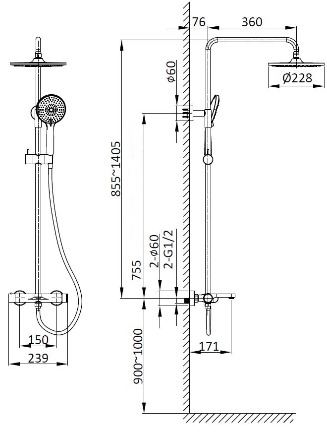 Душевая стойка со смесителем Vincea Rondo VSFS-1R1BG золото матовое