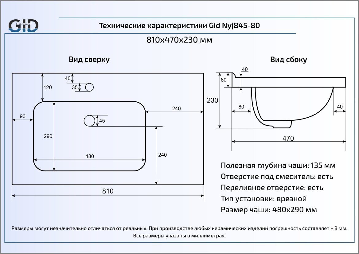 Раковина встраиваемая сверху 81см Gid NYJ845-80 белый
