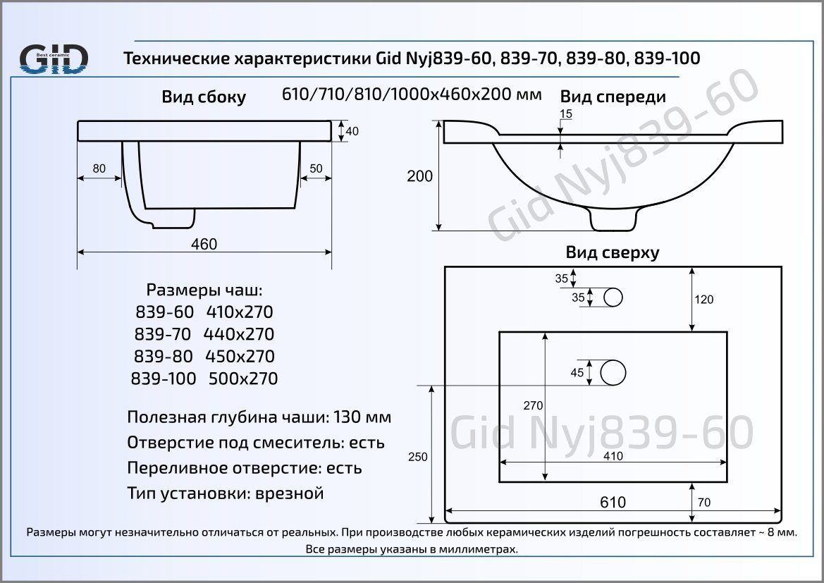Раковина встраиваемая сверху 61см Gid NYJ839-60 белый
