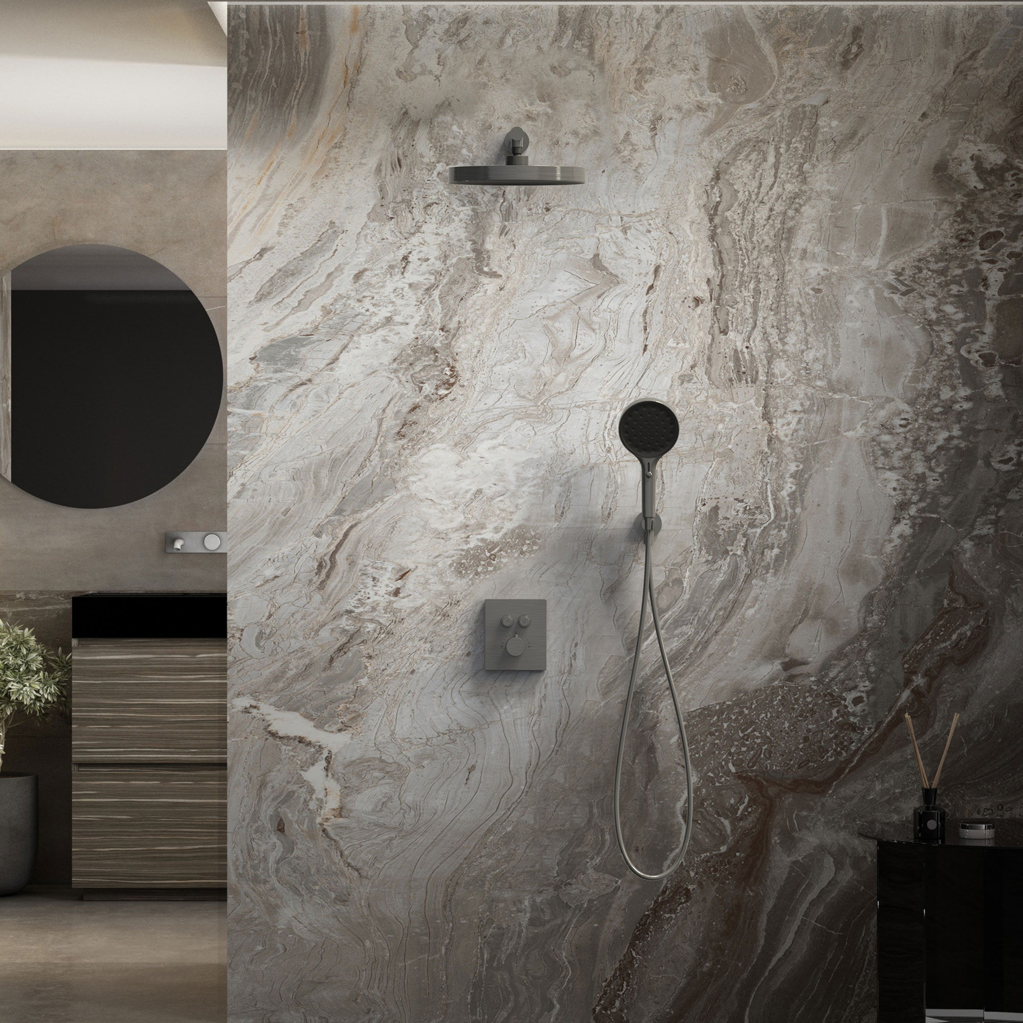 Душевой комплект Vincea Inspire VSFW-3I21T2GM встраиваемый, термостатический, 2 режима, вороненая сталь