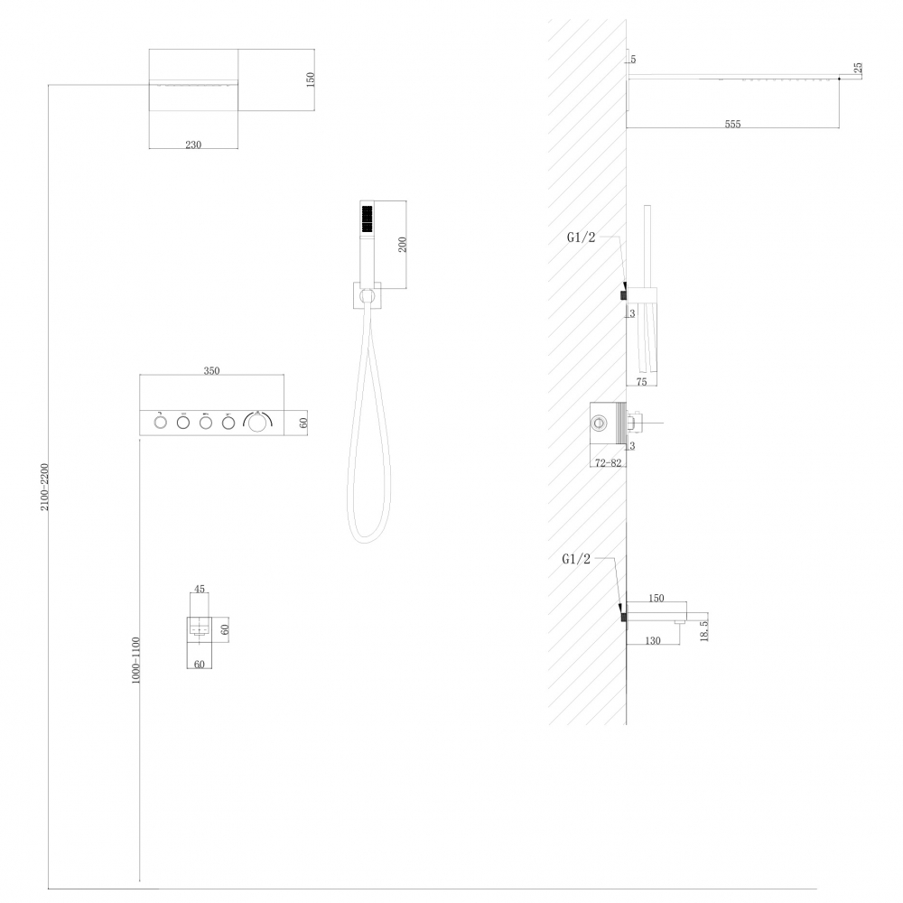 Душевая система ABBER Rund AF8753NG скрытого монтажа с изливом, термостат, никель