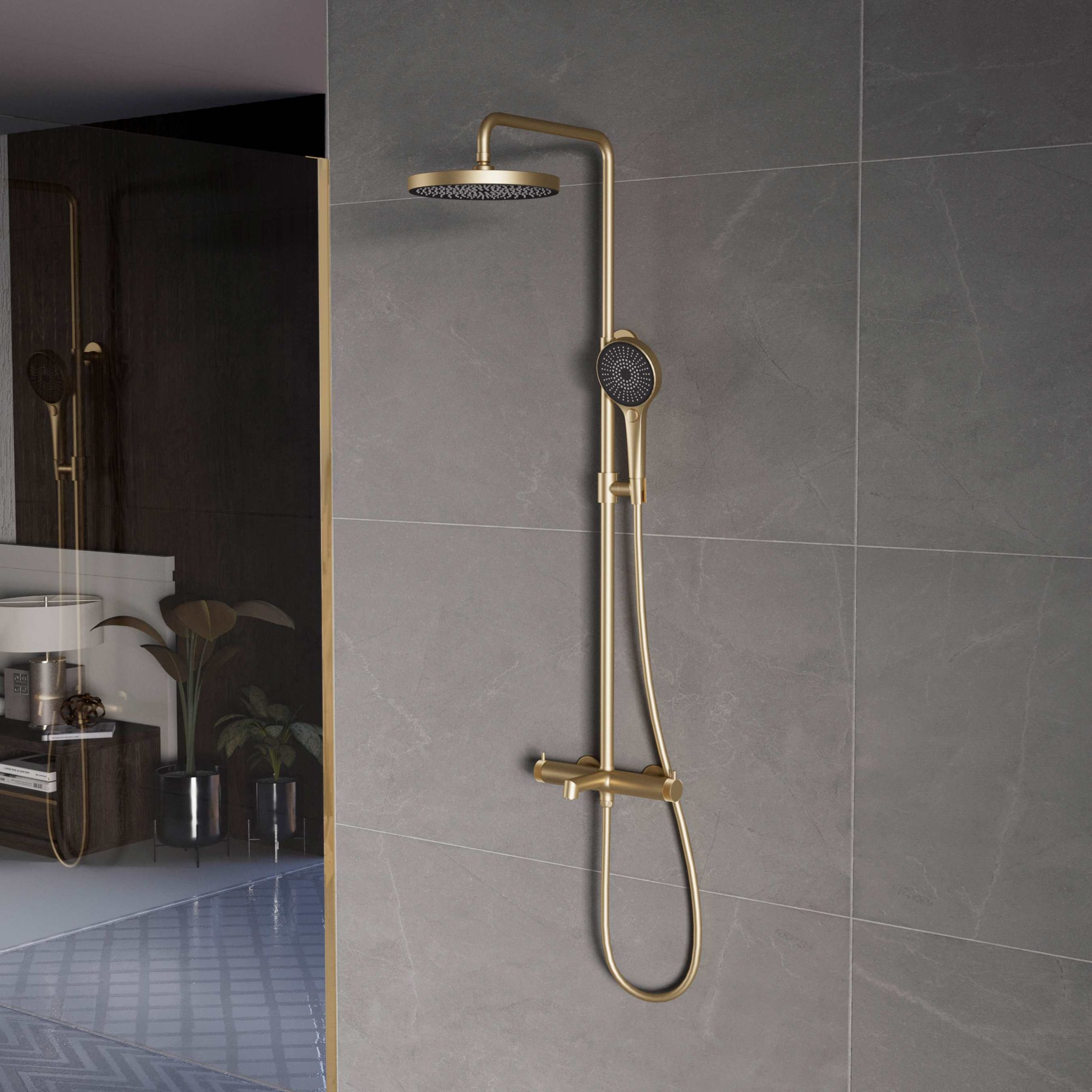Душевая стойка со смесителем Vincea Rim VSFS-2RM1BG золото матовое
