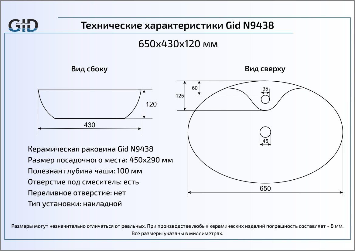 Раковина накладная 65см Gid N9438 белый