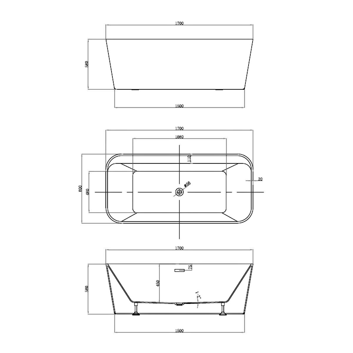 Ванна акриловая Vincea VBT-401-1700MW, 1700*800*580, цвет белый мат, слив-перелив в комплекте, хром