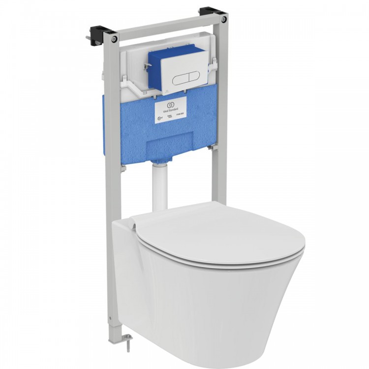 Пневматический промо-набор 4 в 1 Ideal Standard с унитазом E005401 CONNECT AIR AquaBlade®, с сидением и крышкой E036601, с инсталляцией PROSYS 120 P и пневматической панелью смыва OLEAS™ P1