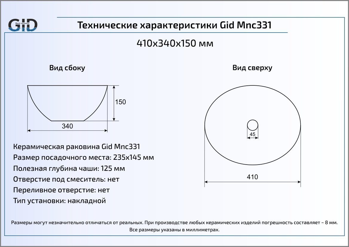 Раковина накладная 40см Gid Mnc331 серый