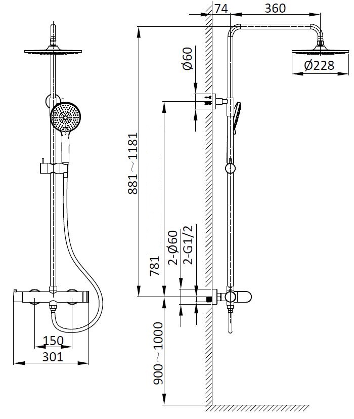 Душевая стойка со смесителем Vincea Rondo VSFS-1R0MB черный матовый