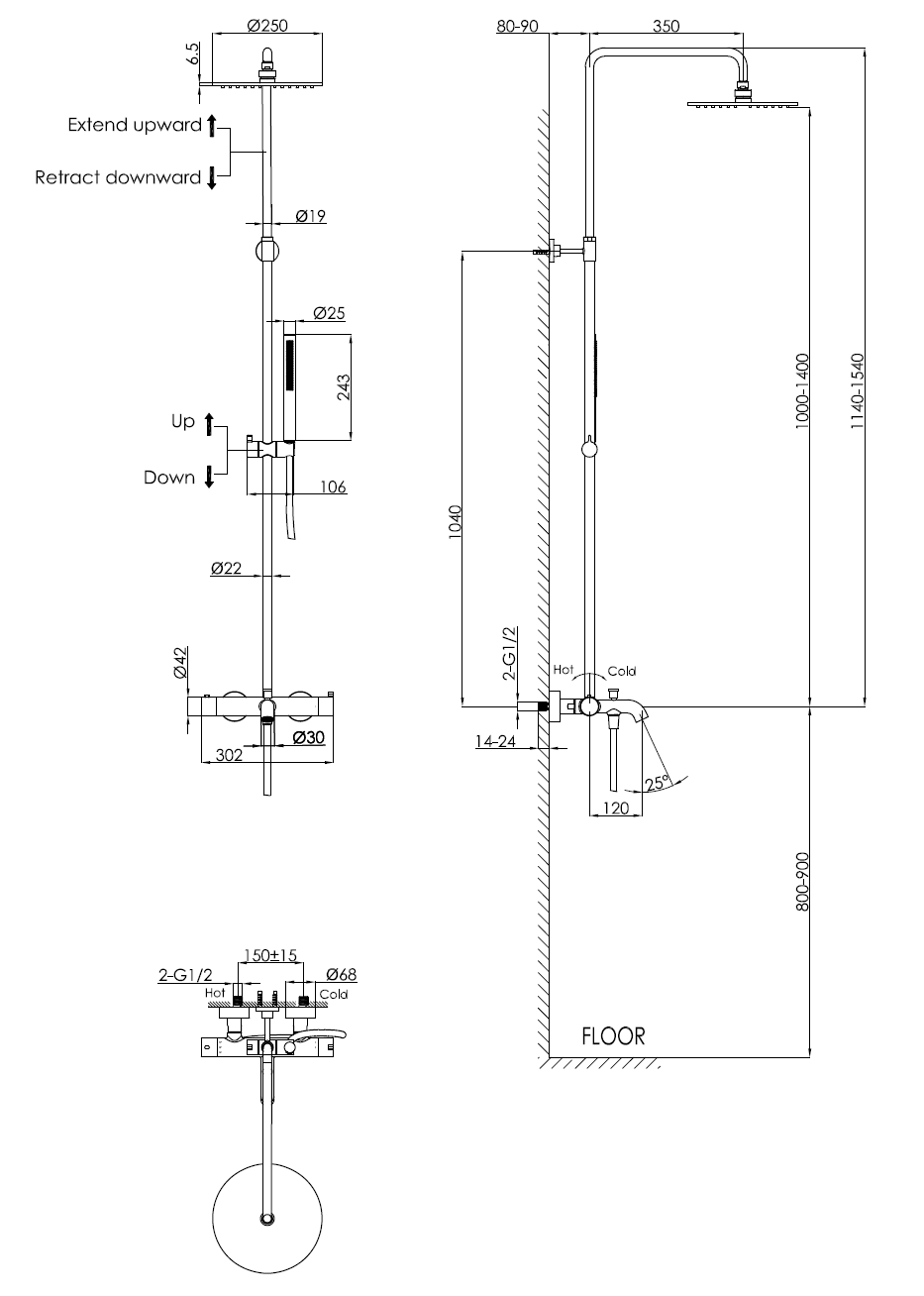 Душевая стойка для ванны с термостатом Benesque Lumiere 20010204 латунь брашированная