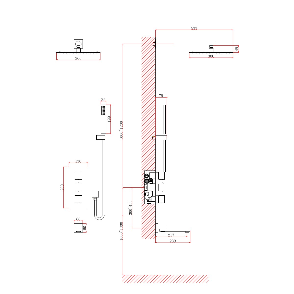 Душевая система встраиваемая с термостатом D&K Bayern.Liszt DA2515606A04, серый графит