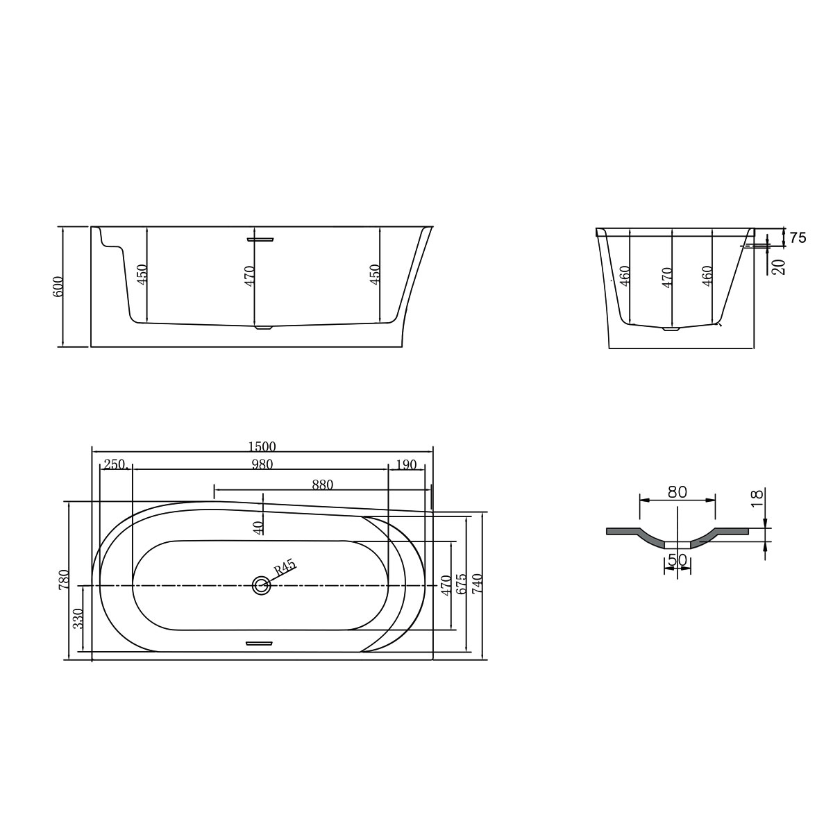 Ванна акриловая Vincea VBT-301-1500L, 1500*780*600, цвет белый, левая, слив-перелив в комплекте, хром