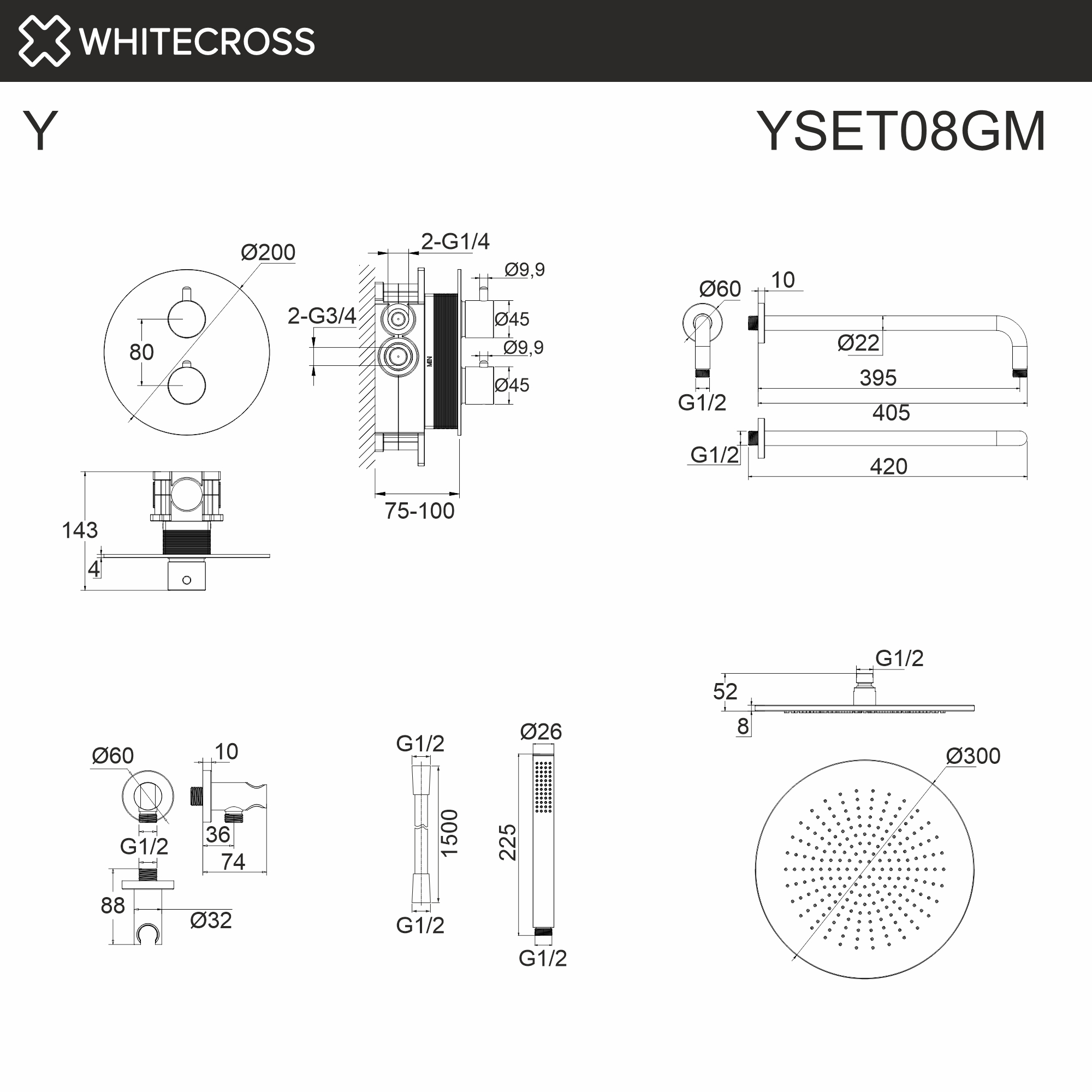 Термостатическая душевая система скрытого монтажа WHITECROSS Y YSET08GM (оружейная сталь)