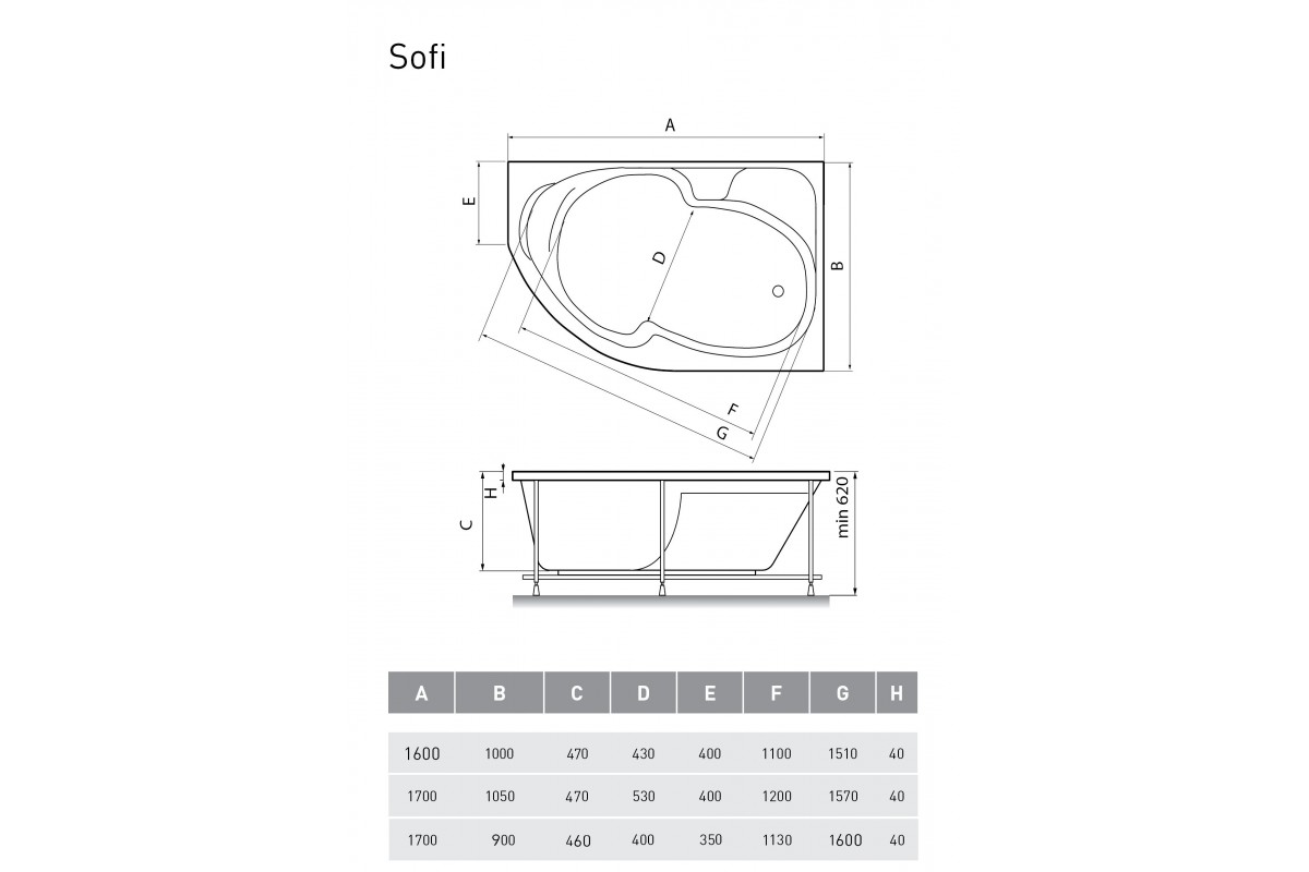 Ванна акриловая правосторонняя Relisan SOFI Гл000023832, 160x100