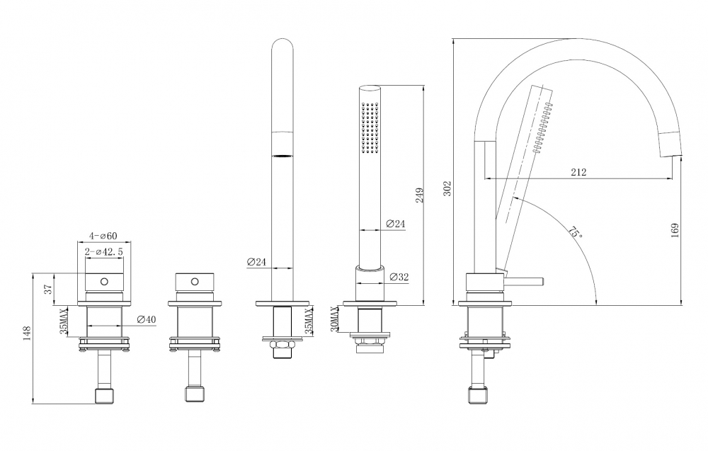 Смеситель ABBER Wasser Kreis 316 AF8113BGG на борт ванны, оружейная сталь брашированная