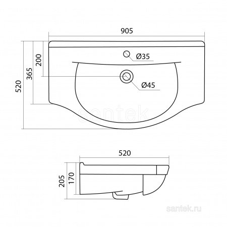 Раковина Santek Эльбрус 90 отверстие под смеситель 1WH110790