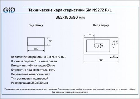 Раковина подвесная 36.5см Gid N9272L белый