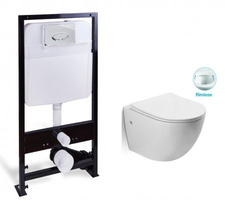 Комплект (инсталляция, унитаз, сиденье, кнопка смыва) SantiLine SL-5018 + SL-01 белый, с сиденьем микролифт