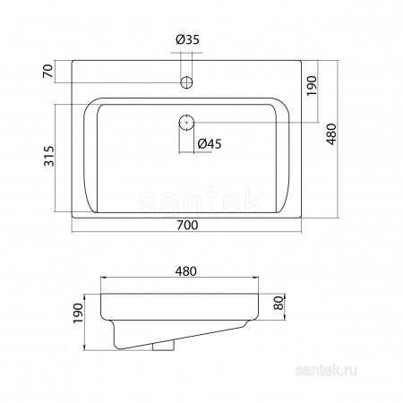 Раковина Santek Тигода 70 отверстие под смеситель 1WH302083