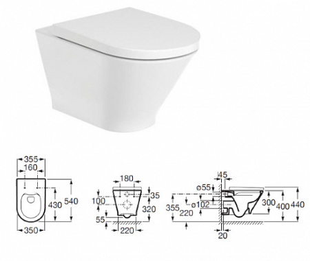 Комплект унитаза с инсталляцией Roca Gap round 893105000, глубина унитаза 54см, без клавиши в комплекте, с микролифтом, безободковый, быстросъемное