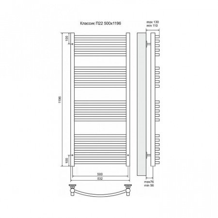 Полотенцесушитель электрический Terminus Классик П22 500x1196, ТЭН HT-1 300W, левый/правый