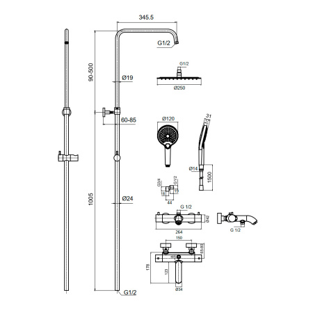 Душевая стойка с термостатом AQUAme AQM8008GM вороненая сталь