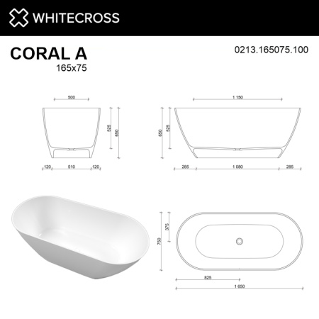 Ванна WHITECROSS Coral A 165x75 (белый глянец) иск. камень