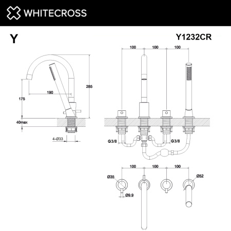Смеситель для ванны на 4 отверстия WHITECROSS Y Y1232CR (хром)