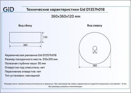 Раковина накладная 36см Gid D1357h018 белый/золотой
