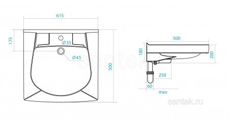 Раковина Santek Пилот 50 отверстие под смеситель 1WH301970