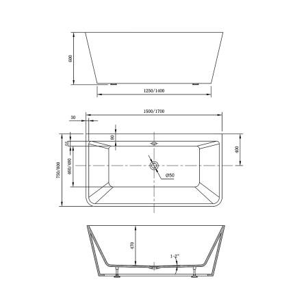 Ванна акриловая Vincea VBT-425-1700 1700*800*600, цвет белый, слив-перелив в комплекте, хром