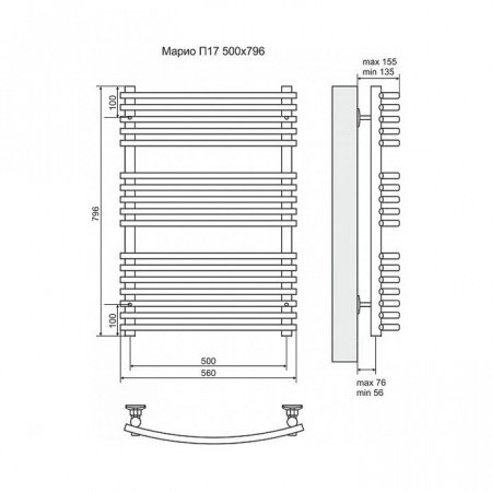 Полотенцесушитель электрический Terminus Марио П17 500x796, ТЭН HT-1 300W, левый/правый