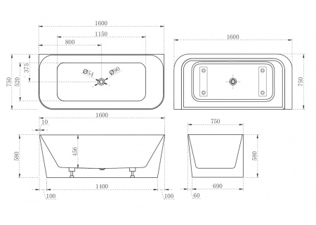 Акриловая ванна ABBER AB9223-1.6