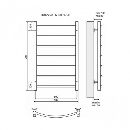 Полотенцесушитель электрический Terminus Классик П7 500x796, ТЭН HT-1 300W, левый/правый