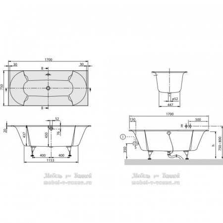 Квариловая ванна Villeroy & Boch Pavia UBQ170PAV2V-01 170х75 см