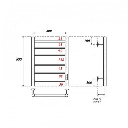 Полотенцесушитель электрический Point PN10846B П6 400x600 диммер справа, черный матовый