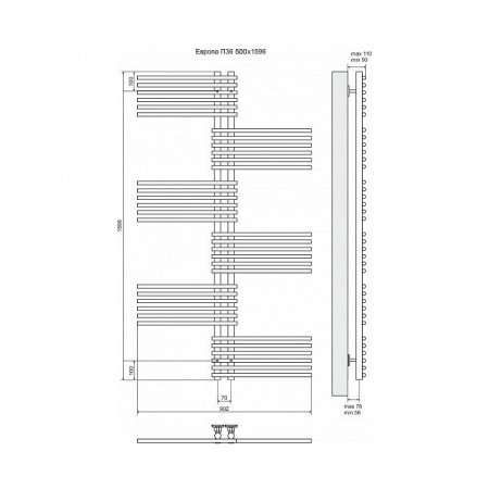 Полотенцесушитель электрический Terminus Европа П36 500x1596, ТЭН HT-1 300W, левый/правый