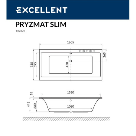 Ванна акриловая EXCELLENT Pryzmat Slim 160x75