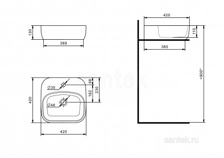 Раковина Santek Одри Soft 420х420 отверстие под смеситель 1WH501709