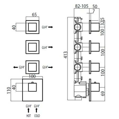 Скрытая часть для термостата HighFlow на 4 потребителя (установка вертикально/горизонтально) Bossini Outlets Z030271000