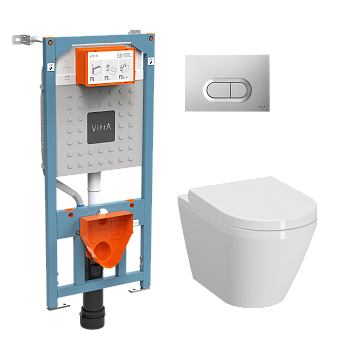 Безободковый унитаз VitrA Integra Round L-box 9004B003-7202 с тонкой дюропластовой крышкой микролифт, кнопка Матовый хром