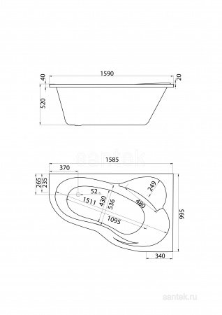 Акриловая ванна Santek Ибица XL 160х100 R асимметричная белая 1WH112037