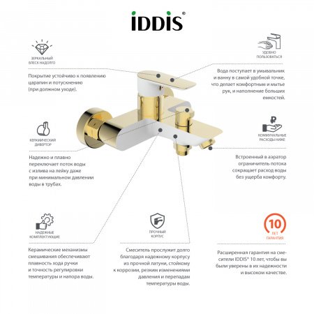 Смеситель для ванны с душем IDDIS Cloud CLOWG02i02 белый глянцевый/золото