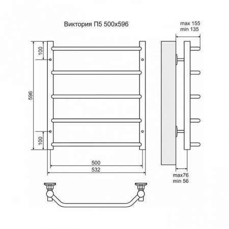 Полотенцесушитель электрический Terminus Виктория П5 500x596, ТЭН HT-1 300W, левый/правый