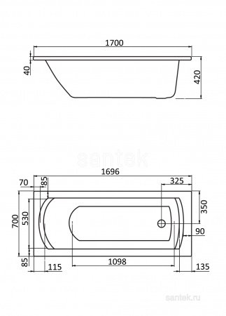 Акриловая ванна Santek Монако 170х70 прямоугольная белая 1WH111979