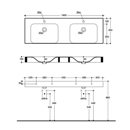 Раковина подвесная 140см Kerasan Cento 353601*1 белый